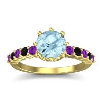 Aquamarine Ring In 18k Yellow Gold With Amethyst And Black Onyx Musa Round Classic Ring