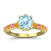 Aquamarine Ring In 18k Yellow Gold With Citrine And Pink Tourmaline Musa Round Classic Ring