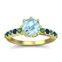 Aquamarine Ring In 14k Yellow Gold With Emerald And Blue Sapphire Musa Round Classic Ring