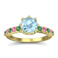 Aquamarine Ring In 14k Yellow Gold With Emerald And Pink Tourmaline Musa Round Classic Ring