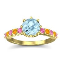 Aquamarine Ring In 14k Yellow Gold With Pink Tourmaline And Citrine Musa Round Classic Ring