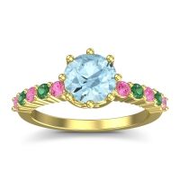 Aquamarine Ring In 14k Yellow Gold With Pink Tourmaline And Emerald Musa Round Classic Ring