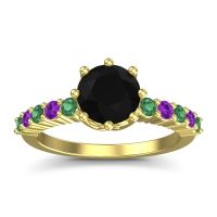 Black Onyx Ring In 18k Yellow Gold With Emerald And Amethyst Musa Round Classic Ring