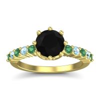Black Onyx Ring In 18k Yellow Gold With Emerald And Aquamarine Musa Round Classic Ring
