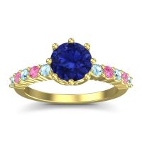 Lab Blue Sapphire Ring In 14k Yellow Gold With Aquamarine And Pink Tourmaline Musa Round Classic Ring