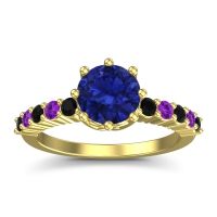 Lab Blue Sapphire Ring In 14k Yellow Gold With Black Onyx And Amethyst Musa Round Classic Ring