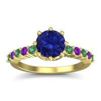 Lab Blue Sapphire Ring In 18k Yellow Gold With Emerald And Amethyst Musa Round Classic Ring