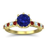 Blue Sapphire Ring In 14k Yellow Gold With Garnet And Aquamarine Musa Round Classic Ring