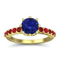 Lab Blue Sapphire Ring In 14k Yellow Gold With Garnet And Ruby Musa Round Classic Ring