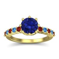 Lab Blue Sapphire Ring In 14k Yellow Gold With Garnet And Swiss Blue Topaz Musa Round Classic Ring
