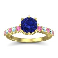 Lab Blue Sapphire Ring In 18k Yellow Gold With Pink Tourmaline And Aquamarine Musa Round Classic Ring