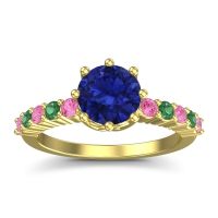 Lab Blue Sapphire Ring In 14k Yellow Gold With Pink Tourmaline And Emerald Musa Round Classic Ring