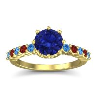 Lab Blue Sapphire Ring In 18k Yellow Gold With Swiss Blue Topaz And Garnet Musa Round Classic Ring