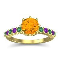 Citrine Ring In 18k Yellow Gold With Emerald And Amethyst Musa Round Classic Ring