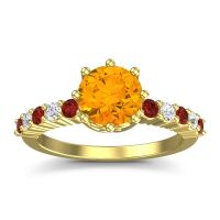 Citrine Engagement Ring In 18k Yellow Gold With Garnet And Diamond - Musa Round Classic Ring