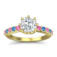 Lab Diamond Ring In 14k Yellow Gold With Pink Tourmaline And Swiss Blue Topaz Musa Round Classic Ring