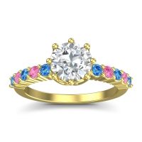 Lab Diamond Ring In 18k Yellow Gold With Swiss Blue Topaz And Pink Tourmaline Musa Round Classic Ring