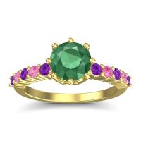 Emerald Ring In 18k Yellow Gold With Amethyst And Pink Tourmaline Musa Round Classic Ring