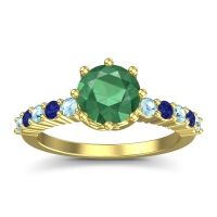 Emerald Ring In 18k Yellow Gold With Aquamarine And Blue Sapphire Musa Round Classic Ring