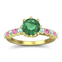 Emerald Ring In 14k Yellow Gold With Aquamarine And Pink Tourmaline Musa Round Classic Ring
