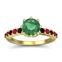 Lab Emerald Ring In 18k Yellow Gold With Black Onyx And Ruby Musa Round Classic Ring
