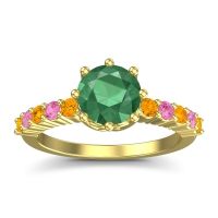 Emerald Ring In 14k Yellow Gold With Citrine And Pink Tourmaline Musa Round Classic Ring