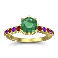 Lab Emerald Ring In 18k Yellow Gold With Garnet And Amethyst Musa Round Classic Ring
