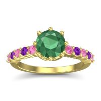 Emerald Ring In 18k Yellow Gold With Pink Tourmaline And Amethyst Musa Round Classic Ring