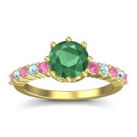 Emerald Ring In 14k Yellow Gold With Pink Tourmaline And Aquamarine Musa Round Classic Ring