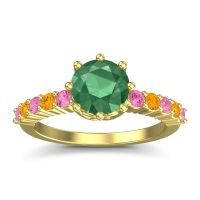 Emerald Ring In 14k Yellow Gold With Pink Tourmaline And Citrine Musa Round Classic Ring