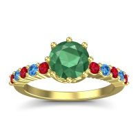 Emerald Ring In 18k Yellow Gold With Ruby And Swiss Blue Topaz Musa Round Classic Ring