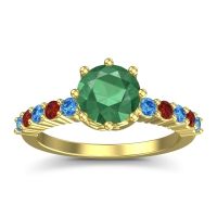 Emerald Ring In 14k Yellow Gold With Swiss Blue Topaz And Garnet Musa Round Classic Ring