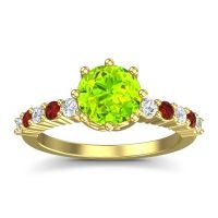 Peridot Ring In 18k Yellow Gold With Diamond And Garnet Musa Round Classic Ring