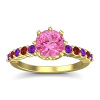 Pink Tourmaline Ring In 14k Yellow Gold With Amethyst And Garnet Musa Round Classic Ring