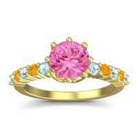 Pink Tourmaline Ring In 14k Yellow Gold With Aquamarine And Citrine Musa Round Classic Ring