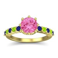 Pink Tourmaline Ring In 14k Yellow Gold With Blue Sapphire And Peridot Musa Round Classic Ring