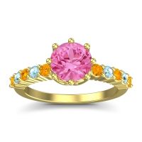 Pink Tourmaline Ring In 14k Yellow Gold With Citrine And Aquamarine Musa Round Classic Ring
