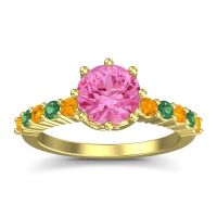 Pink Tourmaline Ring In 14k Yellow Gold With Citrine And Emerald Musa Round Classic Ring