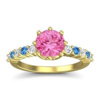 Pink Tourmaline Ring In 14k Yellow Gold With Lab Diamond And Swiss Blue Topaz Musa Round Classic Ring
