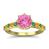 Pink Tourmaline Ring In 14k Yellow Gold With Emerald And Citrine Musa Round Classic Ring