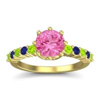 Pink Tourmaline Ring In 14k Yellow Gold With Peridot And Blue Sapphire Musa Round Classic Ring