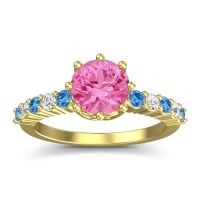 Pink Tourmaline Ring In 14k Yellow Gold With Swiss Blue Topaz And Lab Diamond Musa Round Classic Ring