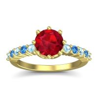 Ruby Ring In 14k Yellow Gold With Aquamarine And Swiss Blue Topaz Musa Round Classic Ring