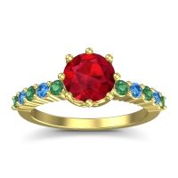 Ruby Ring In 18k Yellow Gold With Emerald And Swiss Blue Topaz Musa Round Classic Ring