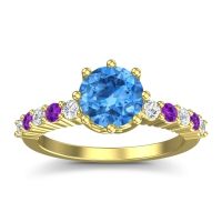 Swiss Blue Topaz Ring In 18k Yellow Gold With Diamond And Amethyst Musa Round Classic Ring