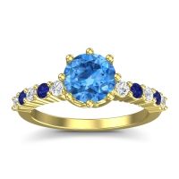 Swiss Blue Topaz Ring In 18k Yellow Gold With Lab Diamond And Blue Sapphire Musa Round Classic Ring