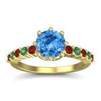 Swiss Blue Topaz Ring In 18k Yellow Gold With Garnet And Emerald Musa Round Classic Ring