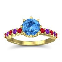 Swiss Blue Topaz Ring In 18k Yellow Gold With Ruby And Amethyst Musa Round Classic Ring