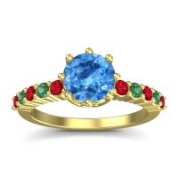 Swiss Blue Topaz Ring In 18k Yellow Gold With Ruby And Emerald Musa Round Classic Ring