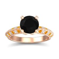 Black Onyx Ring In 14K Rose Gold With Lab Diamond And Citrine Malati Round Antique Ring